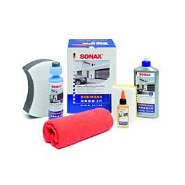 Hörmann SONAX 4020356 Reinigings- en onderhoudsset, 7-delig, 500 ml, 2-in-1 polijstmiddel, voor poorten, deuren en kozijnen, olie, 2 x microvezeldoeken, reiniger, 2 x sponzen