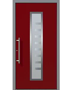 VSG / Float sandgestrahlt mit Motiv klar, Edelstahl-Stangengriff. Tür RAL 3011, Türrahmen RAL 9007 (diese oder Ihre Wunschfarben gegen Aufpreis). Ausführung flügelüberdeckend (Aufpreis).