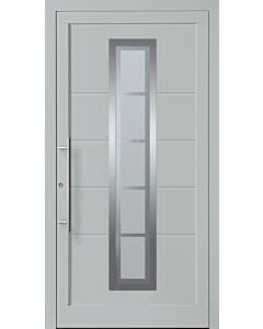 VSG / Float sandgestrahlt mit Motiv klar, Edelstahl-Stangengriff. Die Abbildung zeigt die Tür in Ausführung Glasfalz und RAL Farbe 7038 (diese oder Ihre Wunschfarbe gegen Aufpreis).