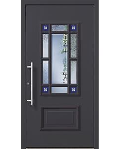 Bleiverglasung B01 Float mit 30 mm Facetten, Eisblumenglas, blaugefärbtes Glas, Edelstahl-Stangengriff. Tür RAL 7015, (diese oder Ihre Wunschfarben gegen Aufpreis). Ausführung flügelüberdeckend (Aufpreis).