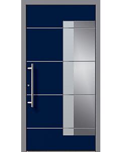 VSG / Float sandgestrahlt mit Motiv klar, Edelstahl-Stangengriff. Tür RAL 5013, Türrahmen RAL 9007, Türrillen RAL 9007 (diese oder Ihre Wunschfarben gegen Aufpreis). Ausführung flügelüberdeckend (Aufpreis).